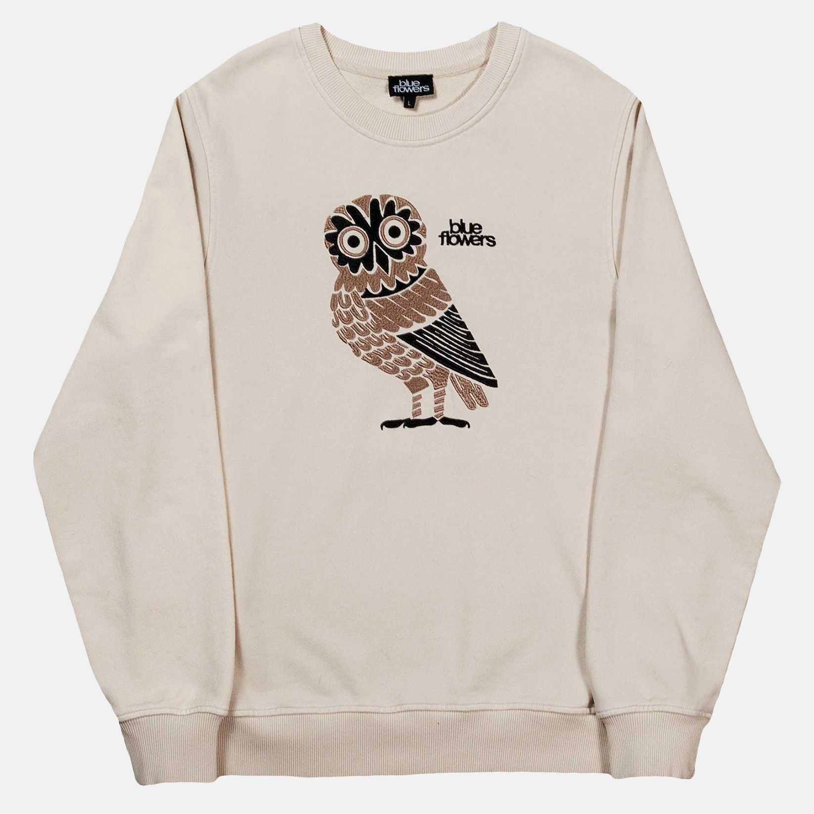 Blue Flowers Owl Sweatshirt - Cream - Blowout Skateshop