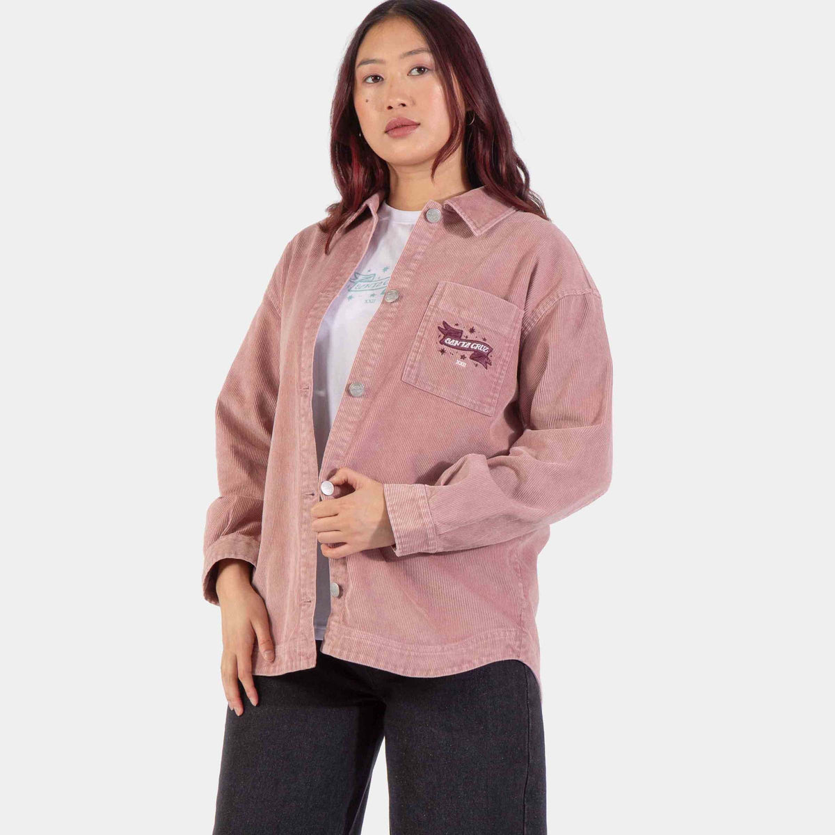 Santa Cruz Scribe Strip Long Sleeve Shirt - Putty Wash, model vorne, hemd geöffnet