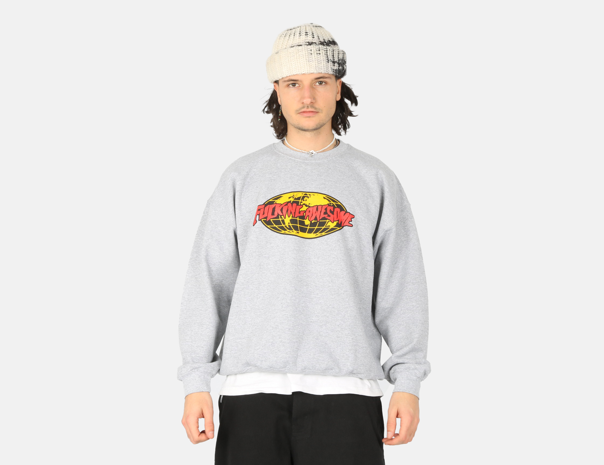 Fucking Awesome FA World Logo Crew - Heather Grey | Sweatshirts